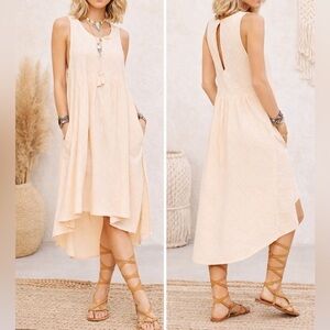Free People Perfect Day Peach Boho Tassel Cutout Pockets High Low Dress